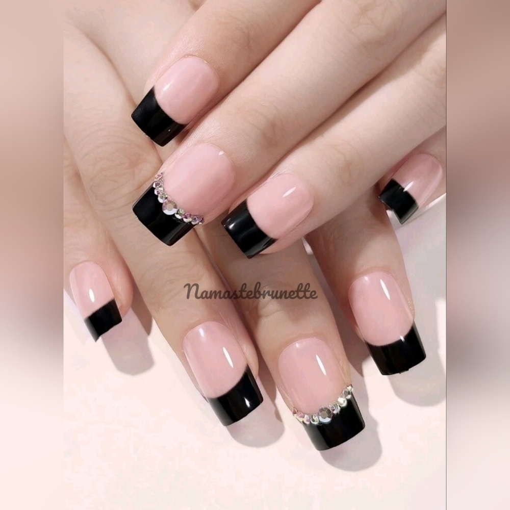 2/$16 Black Rhinestone French Manicure Press On Nails